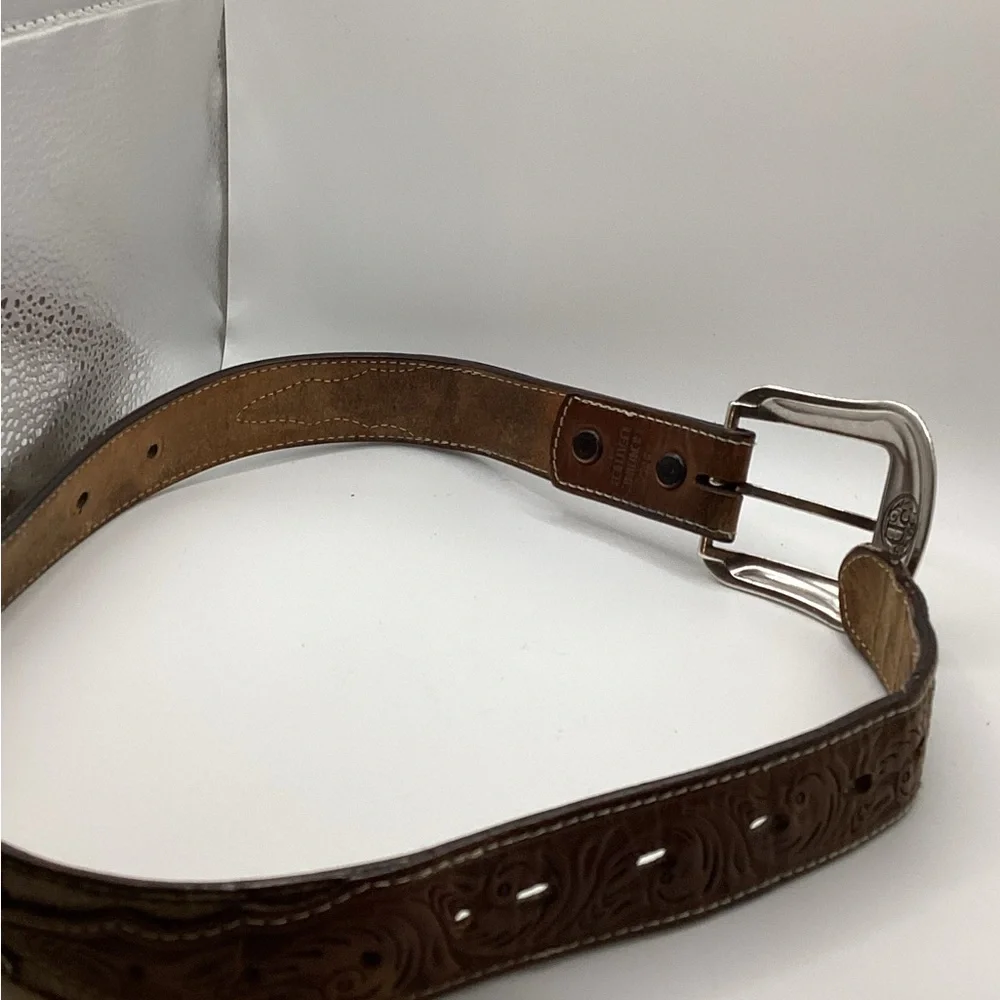 3D Tan Western Floral Leather Tooled Studded Belt Size 24 Kids